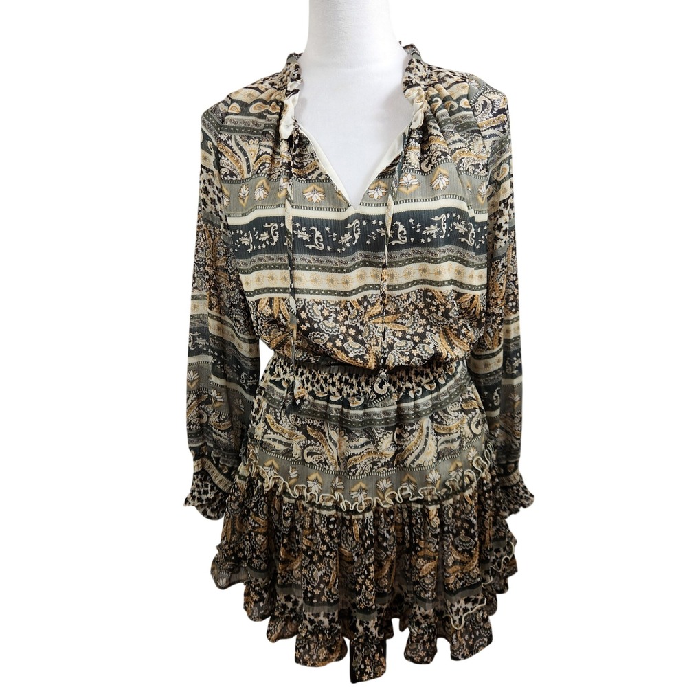 Sky to Moon Boho Tiered Ruffle Mini Dress Womens Medium Brown Paisley Smocked